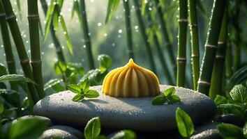 Yellow Dome Shaped Object on Stone with Bamboo Background photo