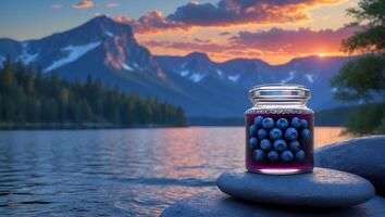 Glass Jar Filled with Blueberries Scenic Mountain Lake Sunset Backdrop photo