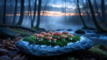 Small Mushrooms Grouped on Mossy Rock by Forest Stream at Dusk photo