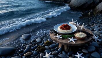 Serving Food by the Ocean Waves on a Peaceful Pebble Beach photo
