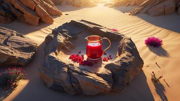 Pitcher of Red Juice and Seeds on Rocks in Desert Landscape photo