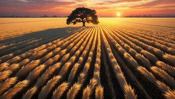 Tree Stands Amidst Field at Sunset with Golden Light photo