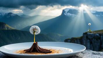 Dandelion on Dessert Plate with Mountain Vista and Sun Rays photo