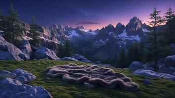Mountain Landscape with Fur Rug and Starry Sky at Dusk photo