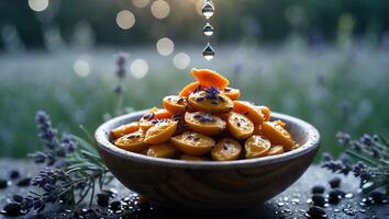Water Dropping Onto Orange Fruit Slices in Wooden Bowl Outdoors photo