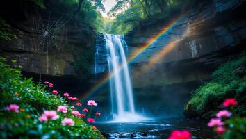 Flowing Waterfall and Rainbow Creates Serene Nature Scene with Wildflowers photo