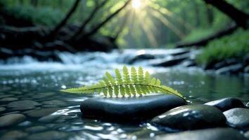 Fern Leaf Resting on River Rock with Forest and Sunlight Stream photo