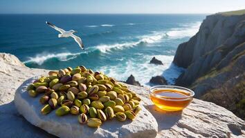Pistachio Nuts and Honey on Rock by Ocean with Flying Bird photo