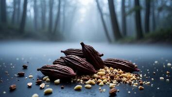 Cocoa Pods and Nut Pieces on a Dark Surface with Forest Backdrop photo