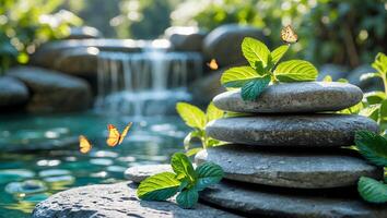 Stack of Stones with Mint Leaves Near Waterfall and Butterflies photo