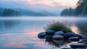 Tranquil Lake Scene with Stones, Small Flowers, and Misty Background photo