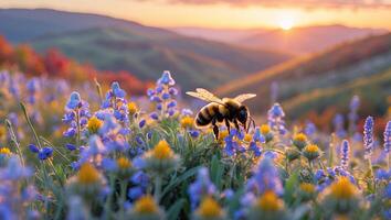 Bee Pollinating Flowers on Mountain Meadow at Sunset with Glowing Light photo