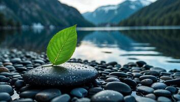 Green Leaf on Stone Beach by Lake with Mountain Backdrop photo
