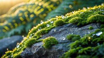Moss Growing on Rock with Water Droplets in Morning Sunlight photo