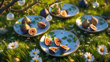 Figs Displayed on Plates Amidst Green Grass and Daisy Flowers photo