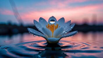 Lotus Flower Floating on Water with Droplets and Sunset Reflection photo