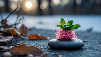 Artistic Radish Presentation with Green Leaves on Stone Outside photo