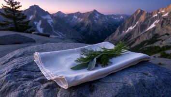 Herbs on Cloth at Dusk with Mountain Peaks Backdrop photo