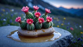Blooming Cactus on Stone with Water in Mountain Flower Field photo