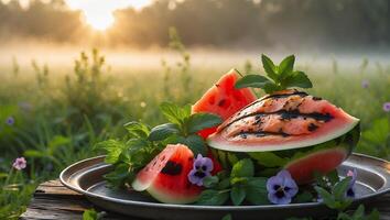 Watermelon Slices on Plate with Mint in Misty Morning Light photo