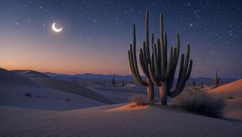 Cactus Plants in Desert Landscape at Night with Crescent Moon photo