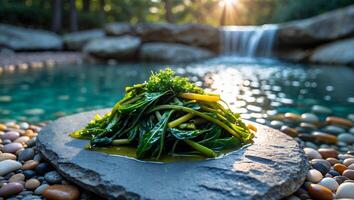 Serving Stir Fried Water Spinach by Waterfall with Green Herbs photo