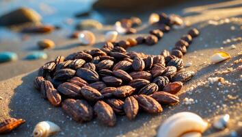 Arrangement of Seeds and Shells on a Sandy Beach at Sunset photo
