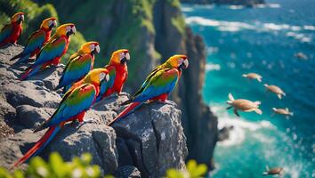Colorful Macaws Perched on Cliff Overlooking Ocean with Swimming Sea Turtles photo