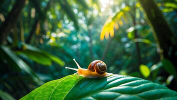 Snail Crawling on Green Leaf in Lush Forest with Sunlight photo
