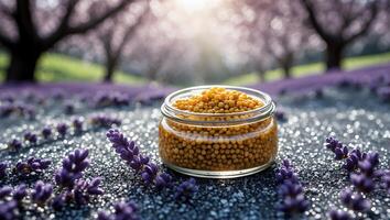 Jar of Mustard Seeds Amidst Lavender Flowers in Tranquil Setting photo