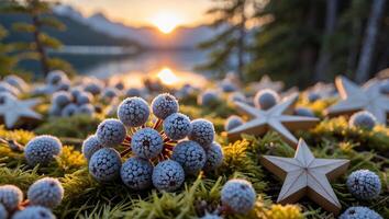 Frosted Berries and Wooden Stars on Moss at Sunset Scenery photo