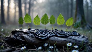 Green Leaves Growing From Log with Black Liquid in Forest photo