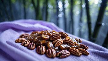 Serving Pecan Nuts with Sweet Topping on Fabric with Forest Backdrop photo
