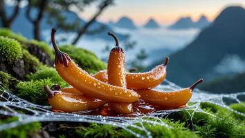 Appetizing Jelly Candies with Mountain Backdrop Perfect Treat Concept photo