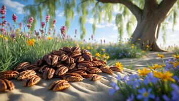 Pecan Nuts Piled on Sand with Wildflowers Under a Willow Tree photo
