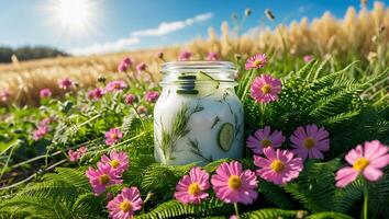 Jar of Cucumber Yogurt Dip Among Flowers and Grass in Sunlight photo