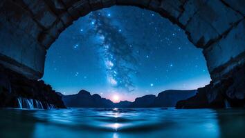 Night Sky View Through Stone Arch Over Water with Milky Way photo