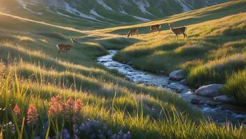 Deer in Mountain Meadow Grazing by a Stream in Golden Light photo