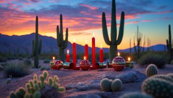 Burning Candles in Desert Landscape at Sunset with Saguaro Cacti photo