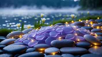 Arrangement of Stones and Purple Glass with String Lights by Lake photo