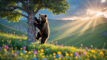 Bear Climbing Tree in Grassy Meadow at Sunrise with Flowers photo