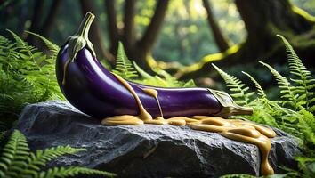 Eggplant with Mustard Sauce on Rock in Forest Setting Still Life photo
