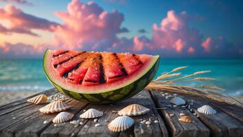 Grilled Watermelon Slice on Wood with Seashells and Beach Sunset photo