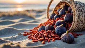 Figs and Goji Berries Spilled on Sandy Beach at Sunset photo