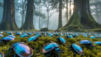Iridescent Beetles Crawling on Mossy Forest Floor with Trees photo