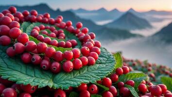 Abundant Red Berries on Green Leaves with Mountain View photo