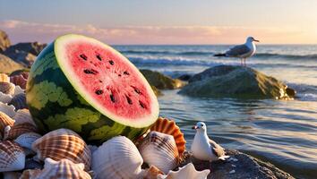 Watermelon and Seashells at Sunset Ocean Scene with Seagulls photo