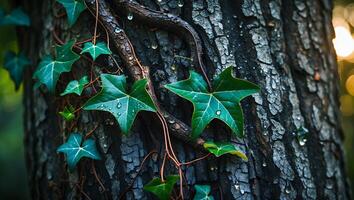 Ivy Vines Growing on Tree Trunk with Water Droplets Closeup photo