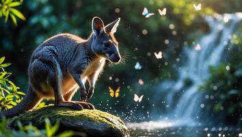 Kangaroo on Rock with Butterflies and Waterfall in Lush Environment photo