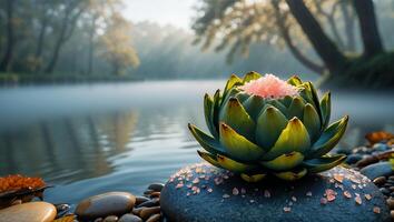 Lotus Blossom Resting on Stone by Tranquil Lake at Dawn photo